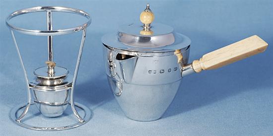 A late Victorian silver brandy pan, cover, burner and stand, by Thomas White, Height 178mm Gross weight 12.1oz/379grms